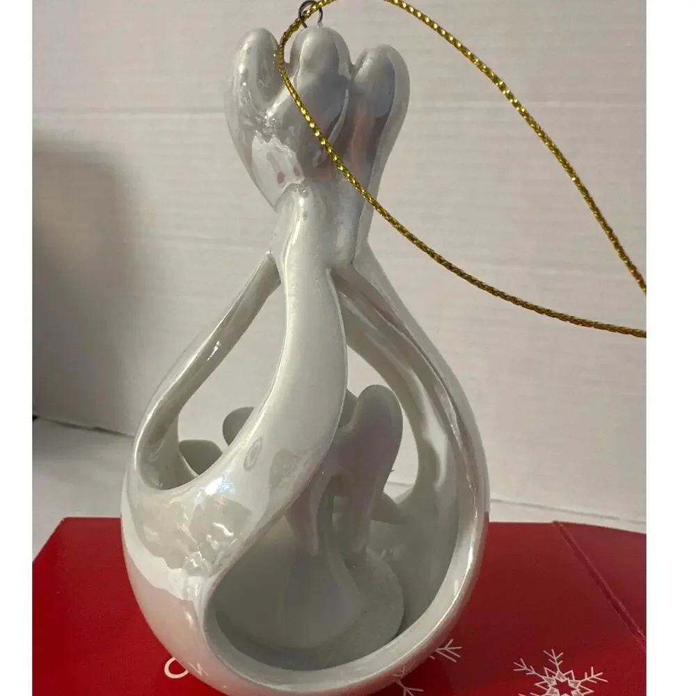 Vintage Avon Hanging Angel Ornament white iridescent ceramic w/gold trim 2005New